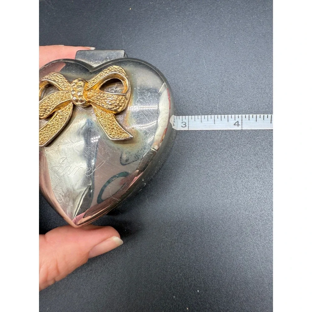 Vintage Silver‑Tone Heart Trinket Box Gold‑Bow‎ Hinged Jewelry Keepsake Engraved